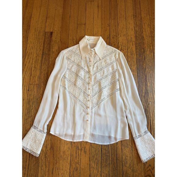 Escada Blouse Womens 34 Ivory 100% Silk Lace Embroidered Button Long Sleeve - Picture 1 of 8
